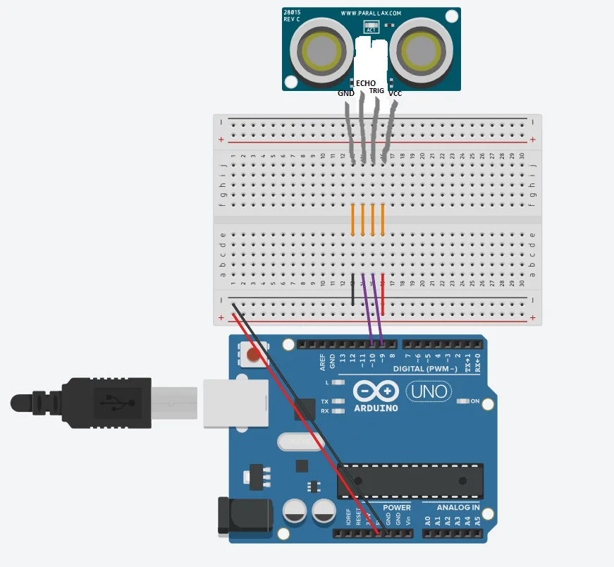 HC-SR04 ultrasonic sensor. I used digital pins 12 and 13 instead of 9 and 10 as shown in the picture.